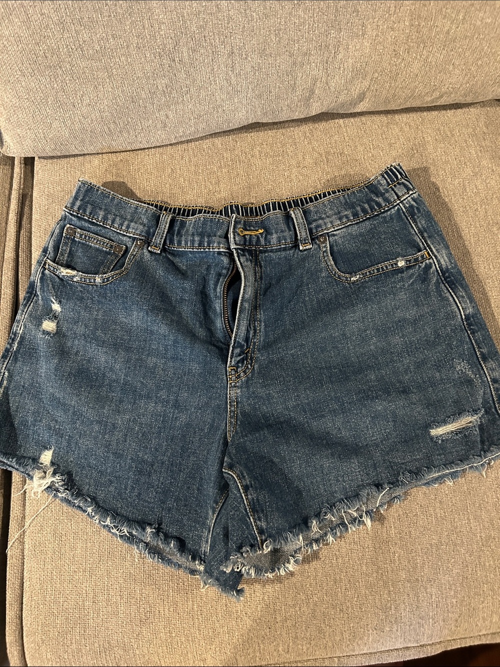 aerie Distressed Frayed Hem Denim Shorts in Blue